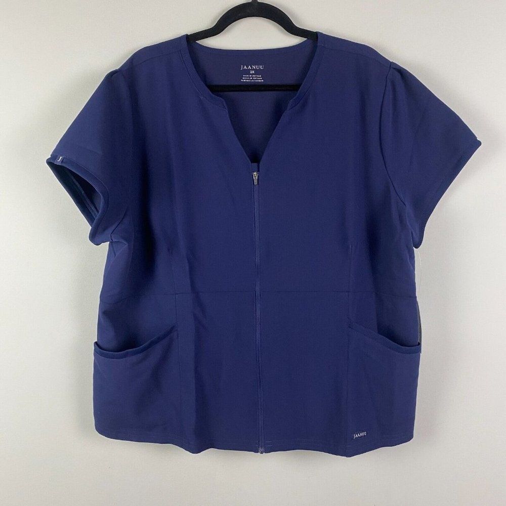 Jaanuu Women's‎ Full Zip Notched Neck Top Size 2X Navy Blue Short Sleeve